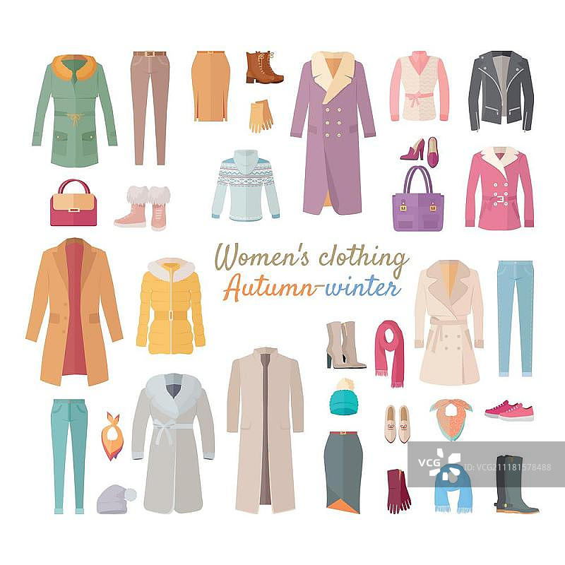 女士服装秋冬系列：时尚设计师品牌服装、鞋履及外套新款，适用商店和精品店的广告矢量素材图片素材