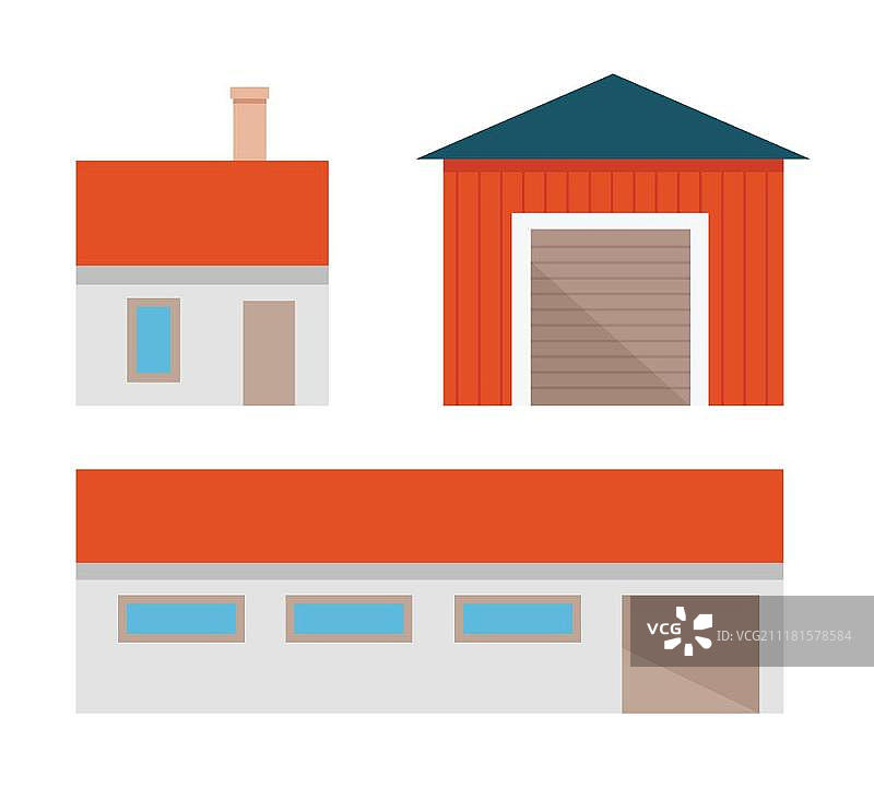 传统农场建筑矢量扁平设计：乡村住宅、车库、仓库、机库农业主题插画图片素材