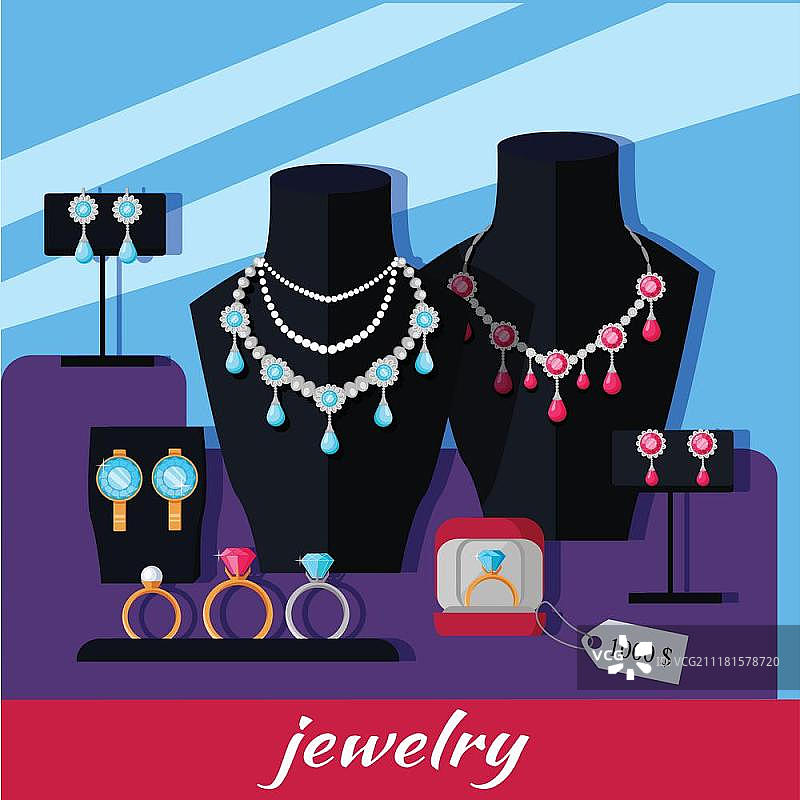 珠宝店banner，商店橱窗里的珠宝柜台，展示黄金和银饰珠宝矢量图图片素材