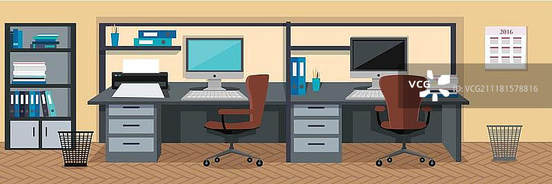 扁平化设计的办公室室内网页banner。扁平风格的工作场所和工作休息横幅。明亮的办公室室内设计，配有现代家具、植物、文件架和顶灯。舒适的工作场所图片素材