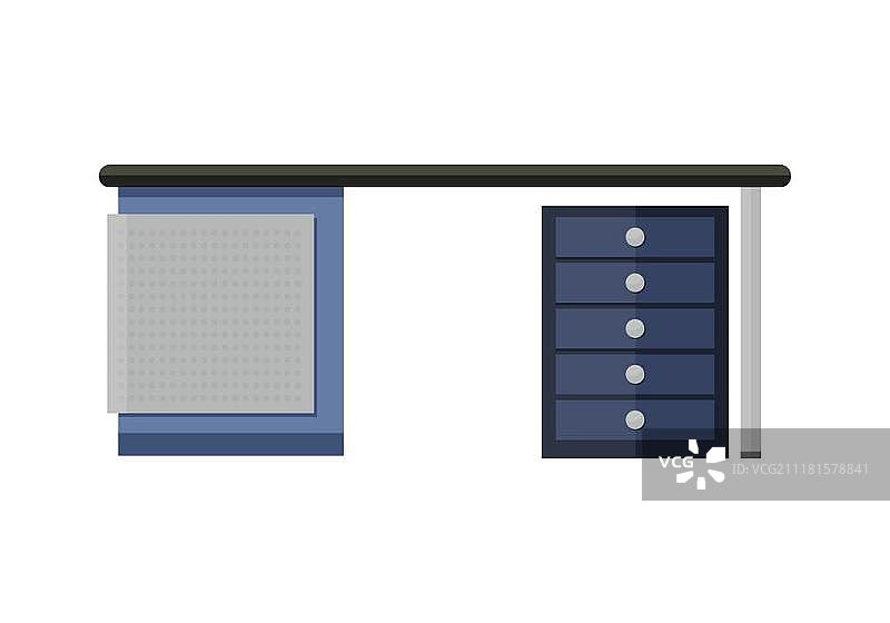 扁平风格的蓝色空电脑桌。用于办公设备的蓝色空电脑桌。电脑桌图标。工作站桌子。室内办公元素。白色背景上的孤立对象。矢量图。图片素材