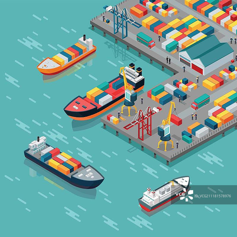 仓库港口2.5D概念矢量图：等距投影，码头集装箱船只、起重机、工人、车辆、岸边机库，跨大西洋运输，运输交付公司着陆页图片素材