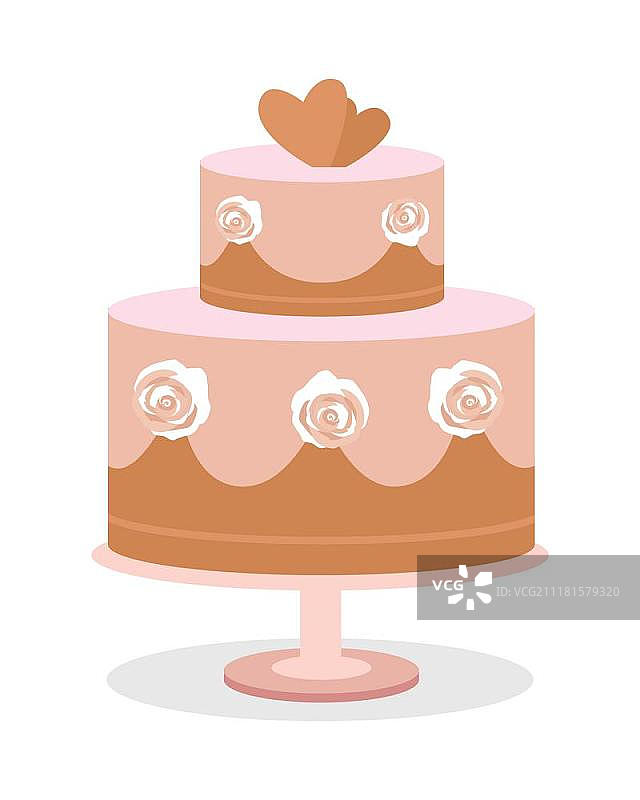 婚礼蛋糕矢量插图：扁平风格双层巧克力蛋糕，侧面有玫瑰，顶部有心形。婚礼甜点，适用于邀请卡设计。图片素材