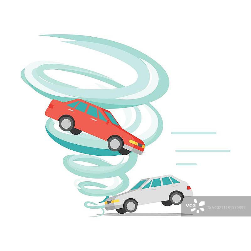 龙卷风摧毁的汽车矢量图。龙卷风摧毁一切。自然灾害，强风破坏机器和自然，灾难及旋风。图片素材