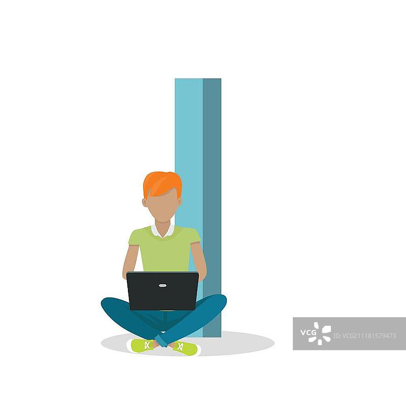 字母I和坐在笔记本电脑旁的男孩。ABC矢量图。字母I和坐在笔记本电脑旁的男孩，已隔离。社交网络。卡通人物使用现代计算机技术进行交流的字母表。扁平设计。ABC矢量图图片素材