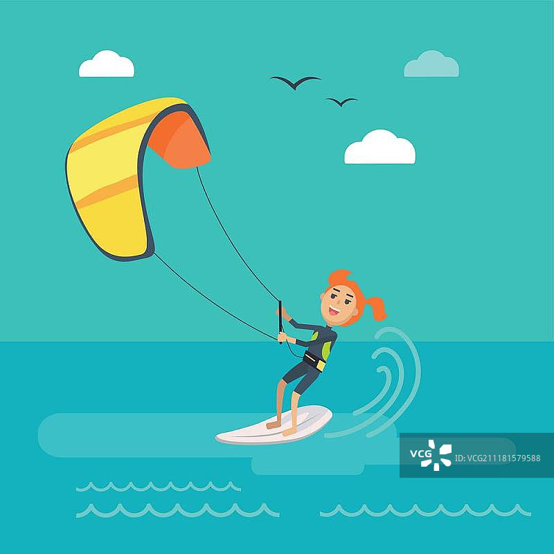 扁平风风筝冲浪矢量概念图片素材