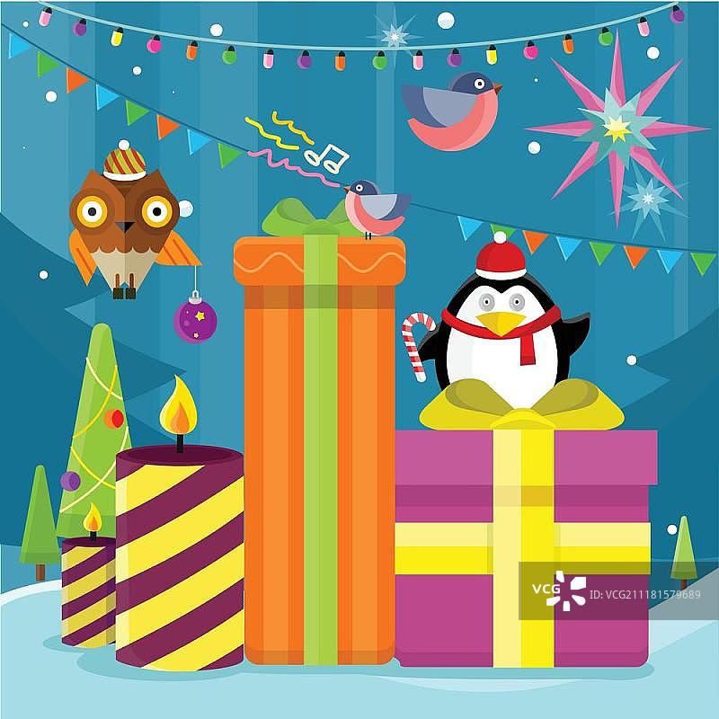 冬季节日矢量概念，扁平风设计，圣诞树玩具礼品盒图片素材