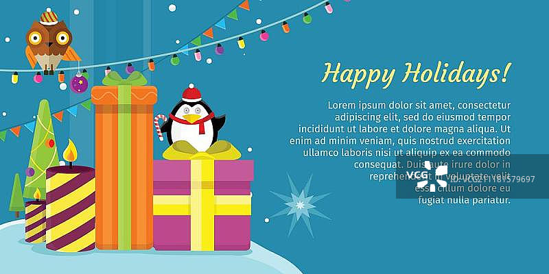 节日快乐Web Banner：圣诞快乐新年海报，猫头鹰、雪花、礼物和圣诞树图片素材