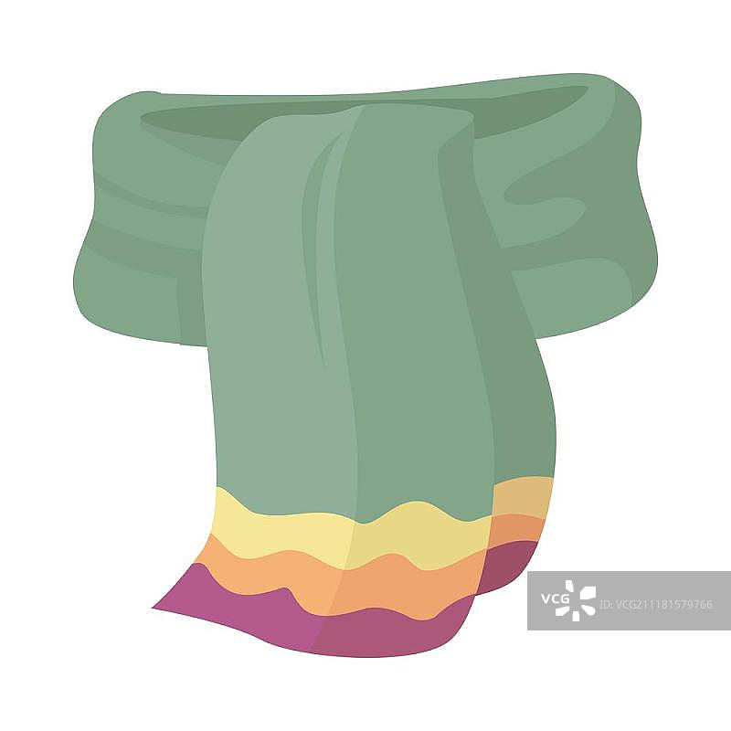 白色背景上的红色针织围巾。针织围巾隔离在白色背景上。男女皆宜的绿色保暖羊毛围巾，带装饰。秋冬季配饰。克雷默、消音器或颈套。戴在脖子上保暖和时尚。矢量图片素材