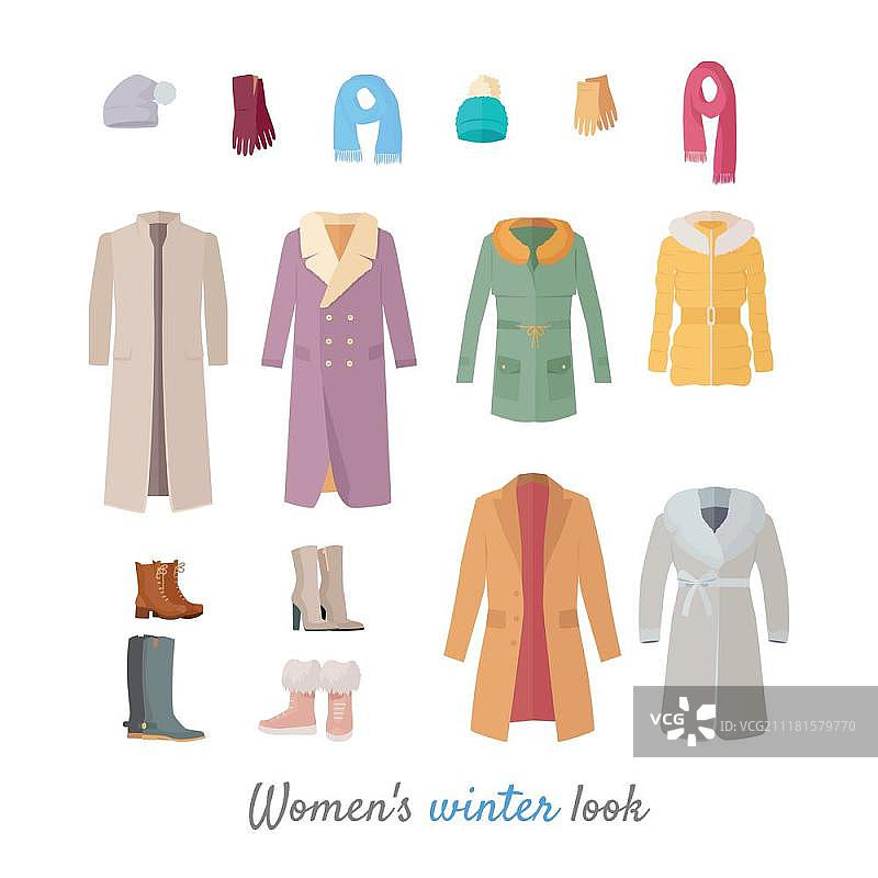 女士冬季穿搭：休闲服装鞋子矢量插画，适用于服装店广告及时尚概念图片素材