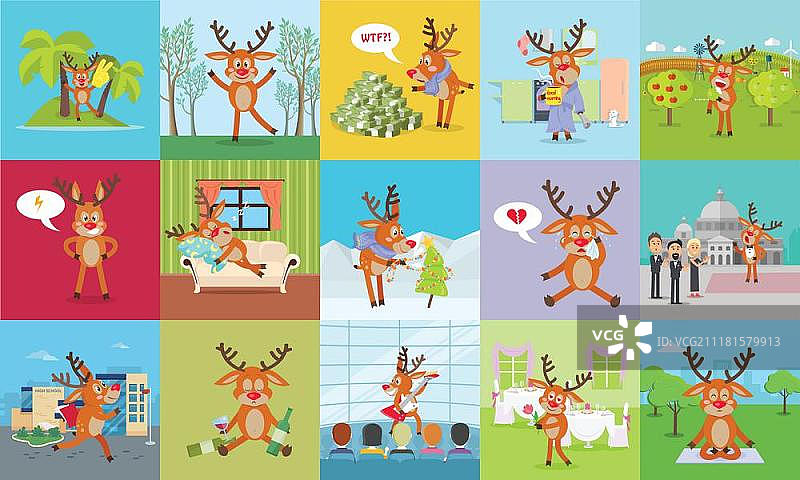 鹿的日常活动矢量合集。驯鹿的情绪。鹿在节日、森林、植物园、餐厅、学校、家中的日常活动，包括睡觉、困惑、失望等。扁平风格的可爱哺乳动物情绪和状态。矢量图片素材
