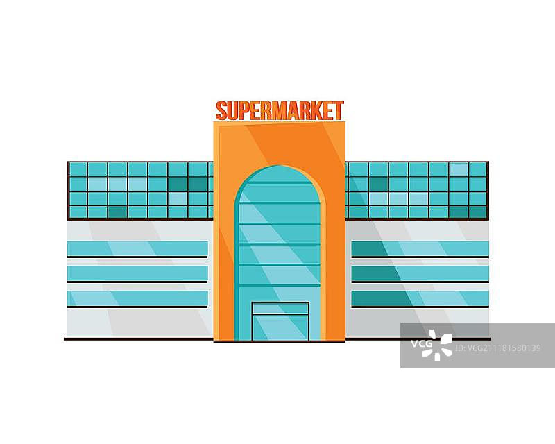 扁平风格购物中心网页模板。用于网页设计、banner的商业建筑概念插画，城镇背景上的商店、购物中心、商场、超市、商务中心。图片素材