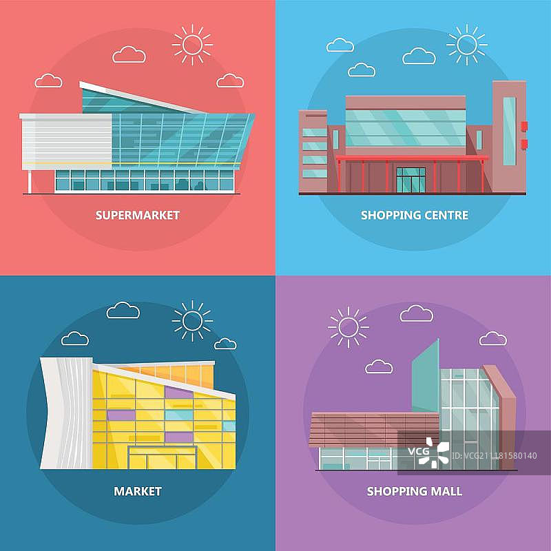 扁平化设计的购物中心图标集图片素材