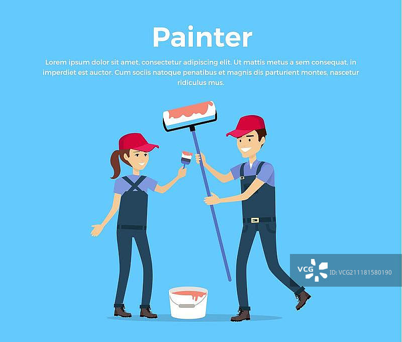 扁平风格的油漆匠概念矢量图。微笑的夫妇，穿着防护服的男人和女人拿着刷子和滚筒站在一桶红色油漆附近。房间维修，乔迁，新家插图。图片素材
