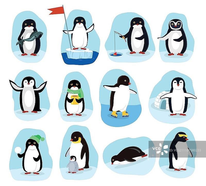 企鹅日常活动海报卡通套装。企鹅日常活动海报集。钓鱼、医疗救助、喝咖啡、护理、玩耍。有趣的极地冬季鸟类横幅贺卡。卡通人物野生企鹅扁平风格。矢量图片素材