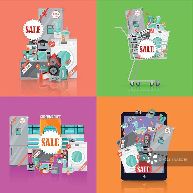 电子产品商店促销矢量概念集：家用电器和厨房设备促销图片素材