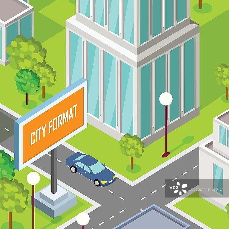 2.5D城市街道等距视图：道路、建筑、树木、草坪、汽车、灯笼、广告牌城市景观碎片图片素材