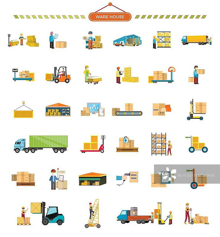 扁平化设计的仓库图标集。仓库、电梯、集装箱、卡车、梯子、输送机、重量、机库、包裹箱工人快递员货运和送货服务象形图图片素材