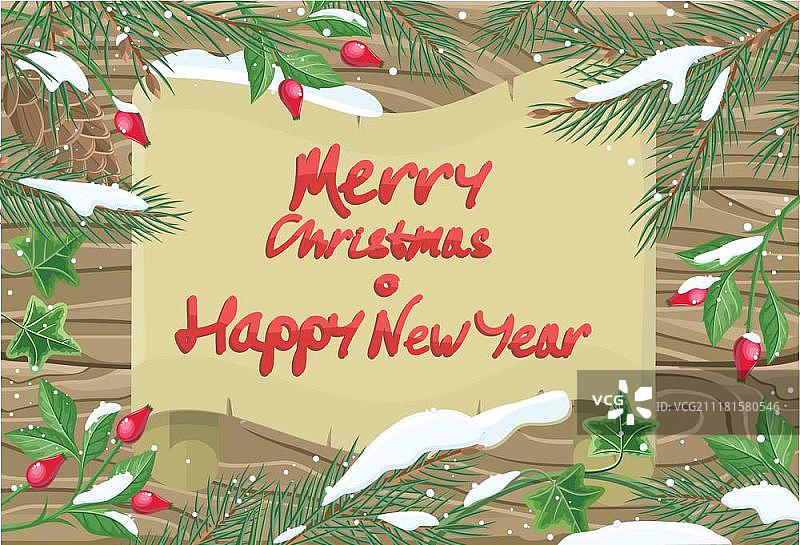 圣诞节快乐新年好矢量概念平面设计：雪松、蔷薇、常春藤枝条和旧纸张在木质背景上的框架，冬季节日庆祝符号矢量概念图片素材
