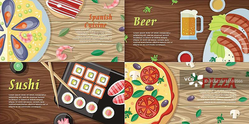 各国特色菜肴扁平风格矢量横幅。各国美食和饮品网络横幅。披萨、啤酒、寿司、海鲜横向概念木质背景。德国、日本、意大利、西班牙美食著名菜肴。餐厅网页设计图片素材