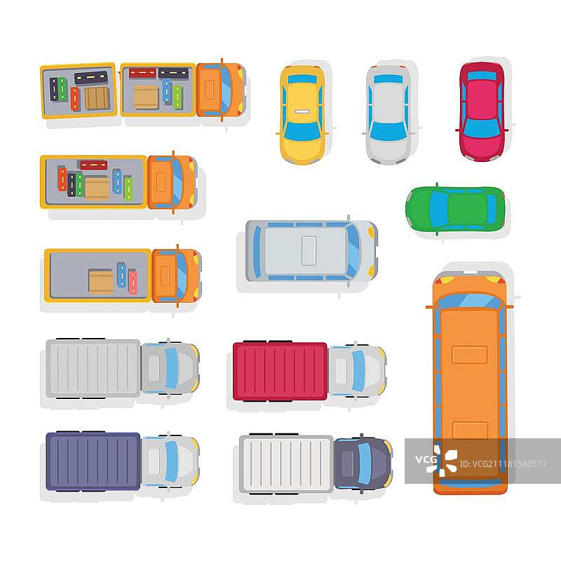 交通运输：白色背景上的汽车停车场，小汽车、公共汽车、行李车停车场地，顶部视图，矢量扁平风格设计图片素材