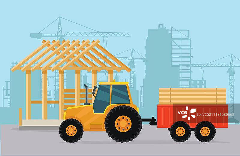 拖拉机构建房屋过程，拖拉机和拖车运送木材，起重机、混凝土块、高层建筑背景施工平面设计矢量图，适用于建筑公司图片素材