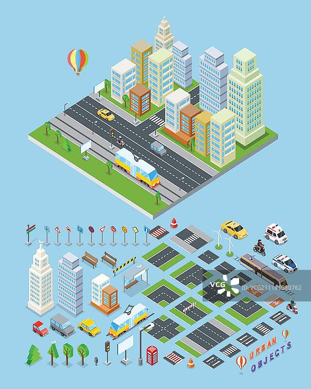2.5D城市景观和城市对象矢量插图：适用于商业、建筑概念、网页、应用程序、图标、信息图表、标志设计，蓝色背景图片素材