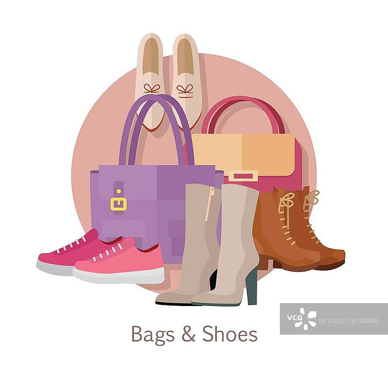 各式女鞋和手提包矢量概念图：平底风格女鞋及手拿包系列，包括踝靴、中筒靴、运动鞋、乐福鞋、带提手的皮包等，时尚配饰，适用于商店广告。图片素材