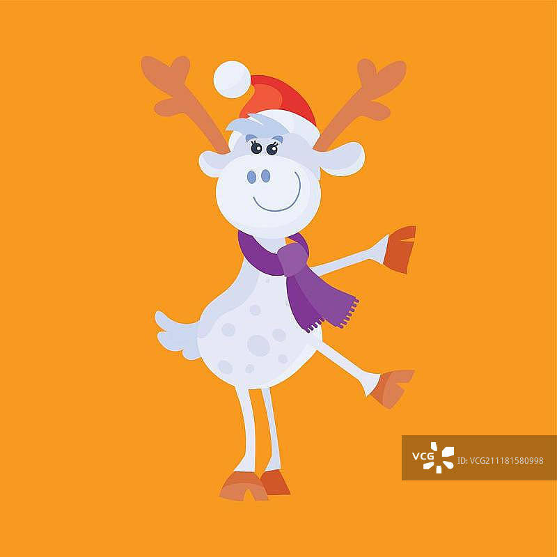 在橙色背景上跳舞的小玩具马。带红色角的可爱小鹿。人造驯鹿矢量插图。扁平风格设计的玩具鹿。新年和圣诞节概念。儿童贴纸图片素材