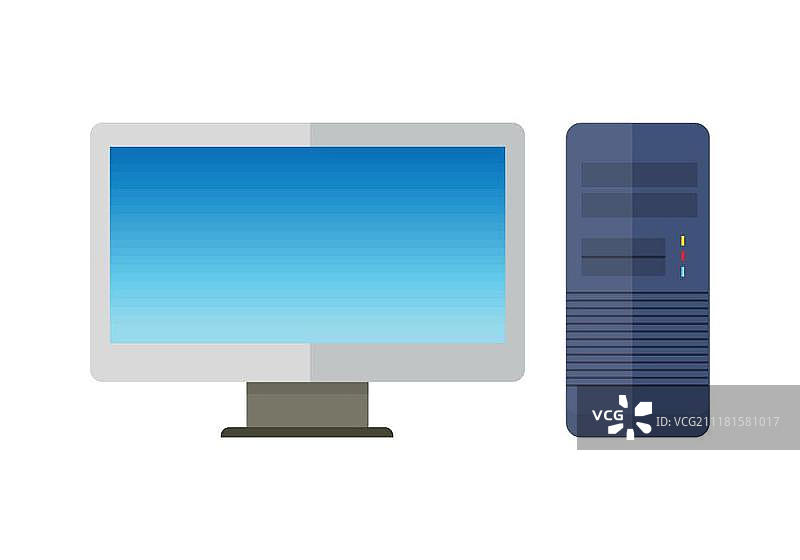 电脑显示器与电脑主机，扁平风蓝色电脑主机和带空白屏幕的显示器，台式电脑图标，白色背景上的独立矢量对象图片素材