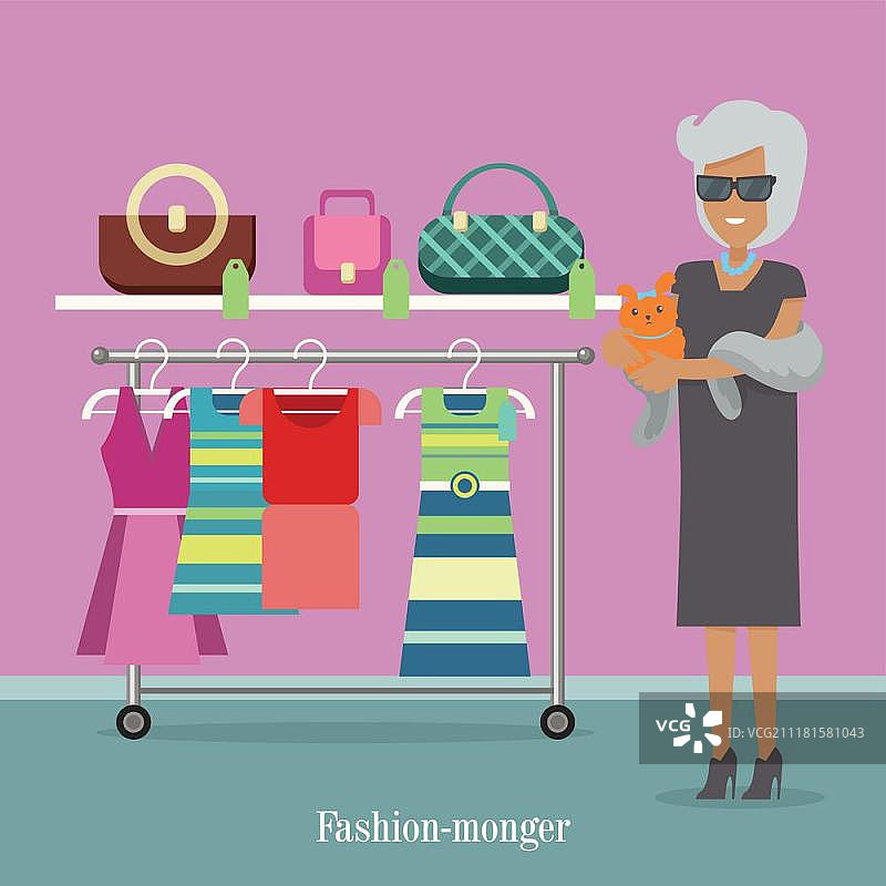 奢侈品店里的时尚女郎。富有的女人购买衣服。戴着深色眼镜，带着小手狗的成功女人。在扁平风格设计的品牌潮流市场购物。矢量插图图片素材