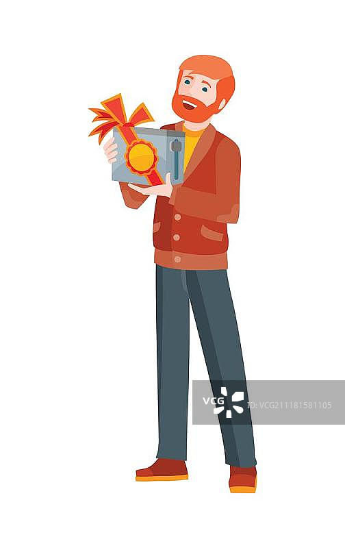 电子商店促销概念。微笑的男人拿着以大甩卖价格购买的烤面包机，扁平矢量图，白色背景。家用电器大甩卖购物。商店促销广告。电子商店大甩卖扁平矢量概念图片素材