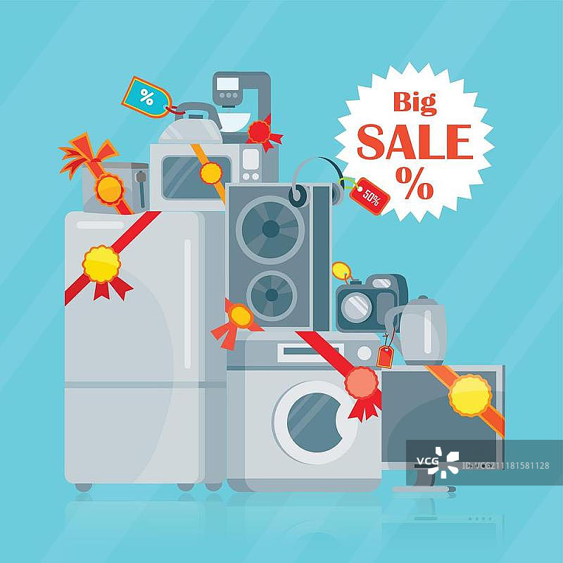 电子商店促销概念，带标签和价格标签的不同家用电器，在线购物促销图片素材