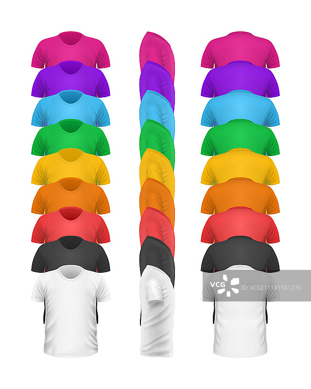 彩色T恤正面视图矢量集。彩色T恤正面视图矢量集。彩色T恤系列。扁平风格设计中的逼真T恤。休闲男装。棉质T恤男女通用马球套装。时尚服装。图片素材