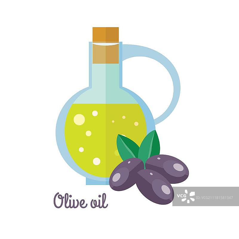 扁平风格橄榄油瓶装与黑橄榄设计。小罐橄榄油，烹饪基础产品。用于化妆品、药品和肥皂。矢量图图片素材