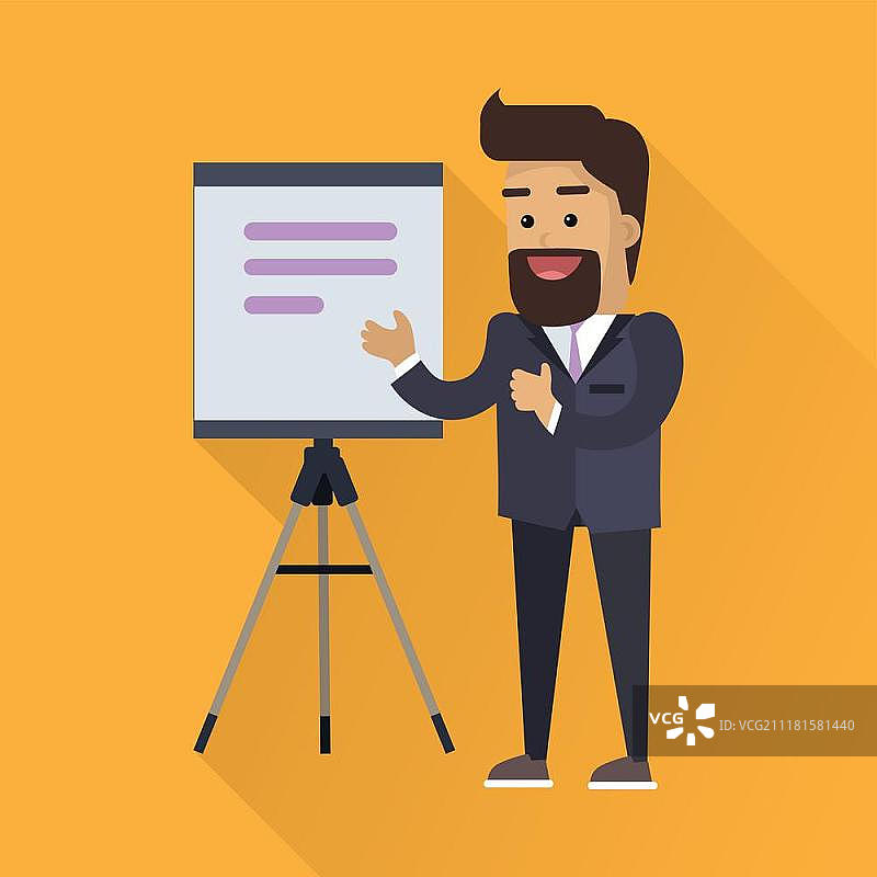 扁平风格演示概念矢量图。微笑的男人穿着商务套装，在三脚架上用图表或投影屏幕进行讲座。科学、学术、贸易、商务会议上的演讲者。扁平风格演示概念矢量图。扁平风格演示概念矢量图图片素材