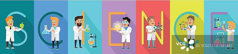 科学概念矢量banner：穿着白色外套、手持科学设备的人物图片素材