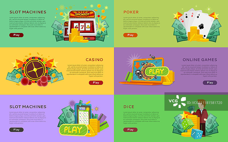 老虎机、扑克、在线游戏、骰子banner：一套赌场banner，在线游戏概念设计，适用于网页、网站、印刷品和信息图表创意矢量素材图片素材