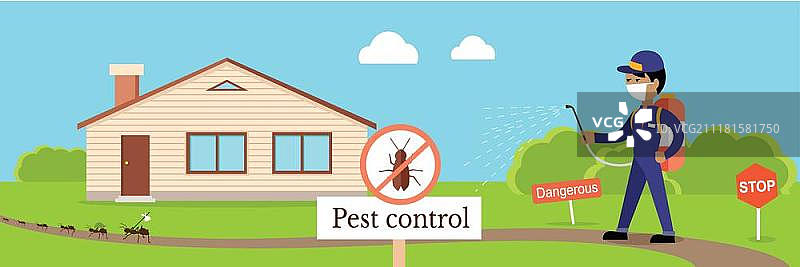 害虫防治banner，带昆虫红色圆圈标志矢量插画图片素材