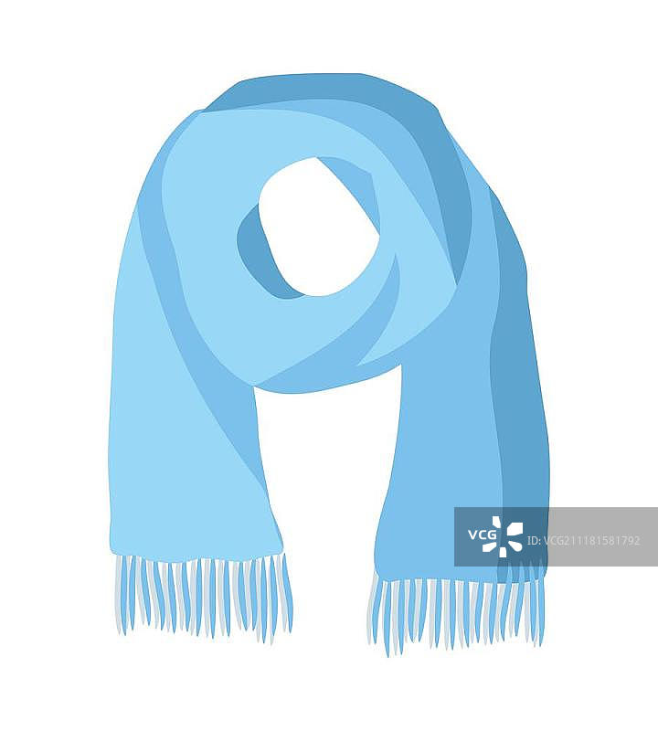 白色背景上的红色针织围巾。男女通用蓝色保暖羊毛围巾，带装饰。秋冬季配饰。克雷默、消音器或颈部包裹物。戴在脖子上保暖和时尚。矢量图图片素材