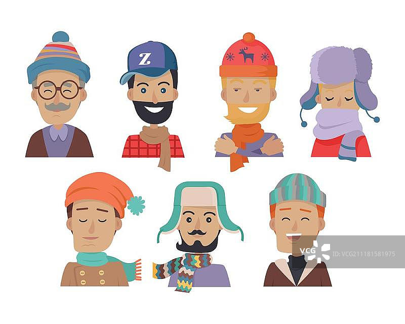 戴帽子和围巾的微笑男士图标集图片素材