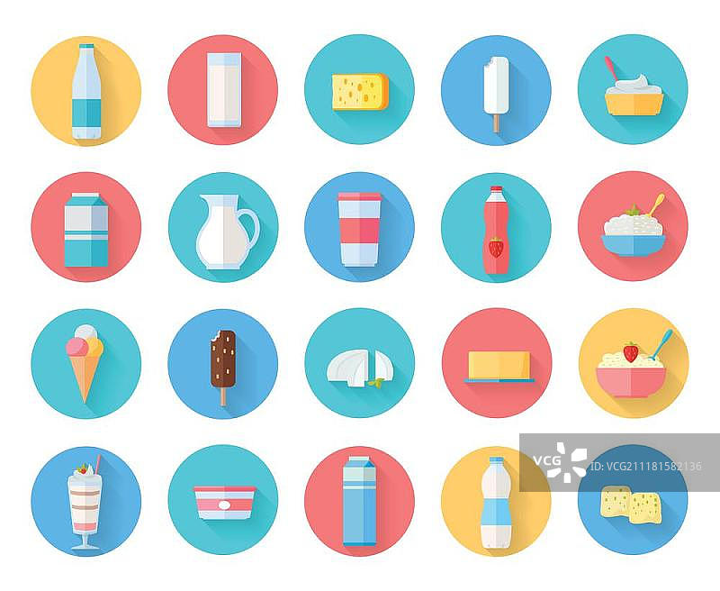 乳制品图标集：来自牛奶的各种传统乳制品圆形图标集。牛奶生产、浆果酸奶、奶酪、酸奶、凝乳、冰淇淋。各种乳制品。扁平风格的天然传统农场食品图片素材