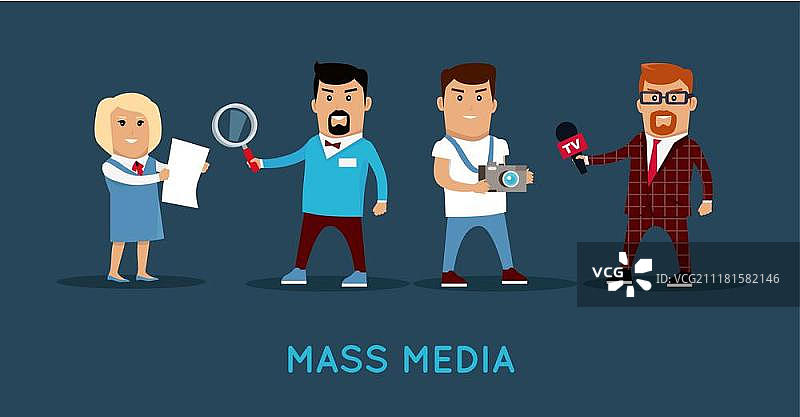 大众媒体概念banner矢量插画。大众媒体工作者角色矢量。扁平风格设计。电视记者、新闻记者、摄影师、调查员插画。为网页设计、头像、信息图表准备的媒体职业概念banner。图片素材