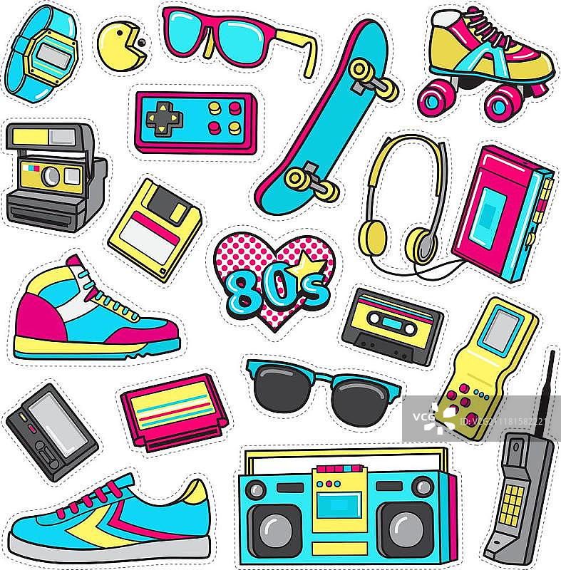 80年代徽章图标：鞋子、太阳镜、耳机、游戏杆等图片素材