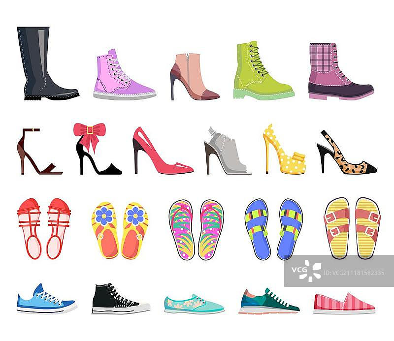 现代女性鞋子类型合集，包含休闲、经典、厚底、高跟、芭蕾、尖头、凉鞋、莫卡辛鞋、皮革人字拖、乐福鞋等图片素材