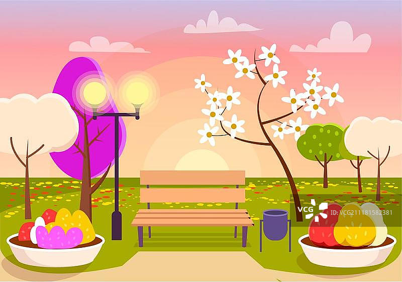 春季景观：带长椅和花坛的城市公园图片素材
