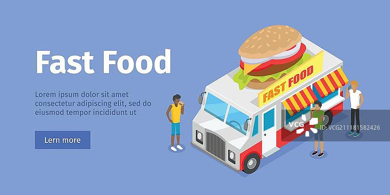 街头快餐Web Banner：车轮上的餐馆，车顶有汉堡，买家环绕的2.5D矢量图，蓝色背景。厢型车食品店带有标牌插图，适用于餐厅、咖啡馆、小吃店广告。街头快餐2.5D矢量概念图片素材