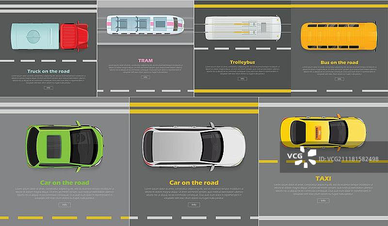 道路上的卡车、有轨电车、无轨电车、公共汽车、汽车、出租车，汽车运输横幅，用于运输的轮式机动车辆矢量图图片素材