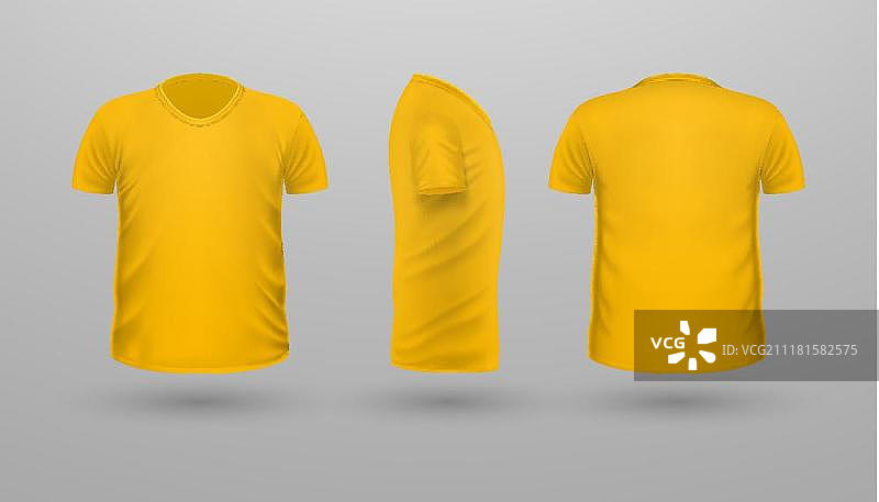 T恤模板素材：正面、侧面和背面视图。黄色扁平风矢量图。图片素材