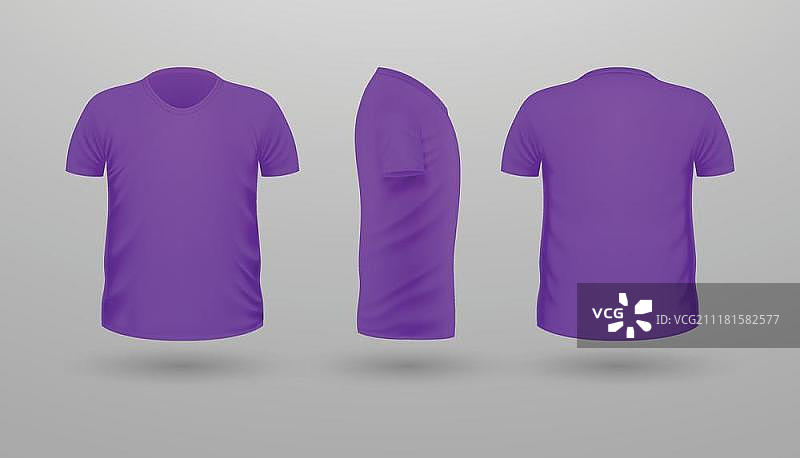 T恤模板集：正面、侧面、背面视图，丁香色，扁平风格的逼真矢量插图，运动服装，休闲男装，棉质中性Polo衫，时尚服装图片素材